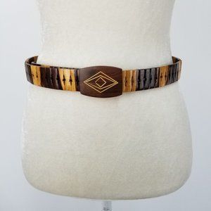 Vintage Wooden Inlay Belt Custom Geometric Diamond Wood Links 26-36" Adjustable